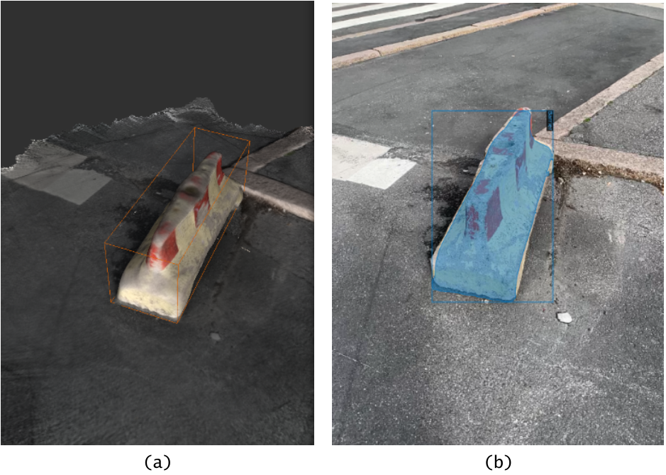 A reconstructed street barrier annotated in 3D alongside its projected segmentation and bounding box in the camera image